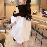Fashion Off Shoulder Bow Shirt Summer Short Sleeve Female Clothing Single-breasted Korean Round Neck Patchwork