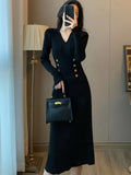 Women Winter Sheath Elegant Midi Knitted Dress Sexy V-neck Long Sleeve Wool Blend Warm Design Knitting Clothing Winter 2023