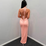 Elegant Bandage Spaghetti Strap Ruched Maxi Dress for Women Party Club Vestido Sexy Backless Draped Dresses
