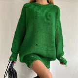 Y2K Women's Oversized Sweater Knitted Green O Neck Long Sleeve Pullover Tops Casual Party Sexy Club Sweaters Dresses