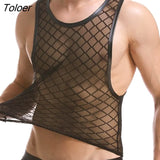 Mens Super Sexy Diamond Shape Mesh Sleeveless Tank Top Perspective Sheer Thin Stretch Fitness Casual O-Neck Vest