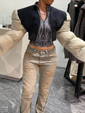 Casual Oversize Bubble Sleeve Zipper Splicing Short Black