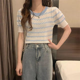 Ice Silk Striped Knitted Short-Sleeved T-Shirt For Women's 2025 Summer New High-Waisted Loose Bubble Sleeve Short