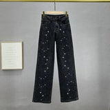 Women's Jeans High Waist Black Full Diamonds Straight Wide Leg Full Length Denim Pants 2024 Summer New Fashion 29L3958-Outfit