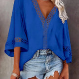 Solid Color Flare Sleeve Top For Women's New Blouse V-neck Hollowed Out Lace Patchwork Shirt Blusa Feminina