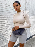 Summer Apricot Streetwear Tops Women 2022 Long Sleeve O Neck Bodycon Bodysuit Female Fashion Patchwork Bodysuit