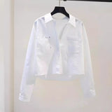 And Autumn Fashion Small Fresh Light Blue Short Shirt Women's Double Pocket Loose Long-Sleeved