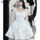 Gothic y2k Dresses for Women 2023 Fashion Lace Halterneck Long Sleeve A-Line Dress Black White Punk Birthday Party