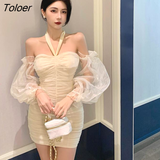 Puff Sleeve Dress Women Slash Neck Tunic Mini Vestidos Solid Party Slim New Arrival Chic Elegant French Ladies Hot