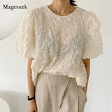 Short Sleeve Pleated Blouse Women Korean New Puff Sleeve Simple O Neck Shirt Fashion Loose Casual Top Blusas Mujer