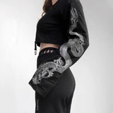 InsGoth Black Crop Top Hoodie Women Sweatshirt Gothic Punk Grunge Dragon Printed Harajuku Loose Sweatshirt Pullover Female