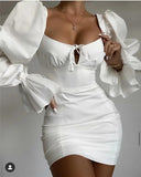 Vintage Puff Sleeve Square Mini Dress 319-1-Outfit