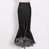 Asymmetrical Bodycon Denim Skirt For Women High Waist Patchwork Tassel Midi Skirts Female Fashion New Clothing