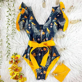 New Print Swimwear Deep V-Neck Ruffle Swimsuit Push Up One Piece Swimsuit Beach Wear Backless