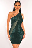 Sexy Sequins See Through Mesh One Shoulder Sleeveless Bodycon