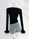 Toloer Thousand Years Royal Sister Wind Black Hot Jacket Early Spring U Collar Slim Thin Feathers Long Sleeve Bottom