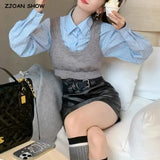 Autumn 2 pieces 1 set Knitted Rib Pullovers Sweater Vest + Lapel Full Sleeve Shirt Elastic Hem Crop Top Suits Knitwear-Outfit