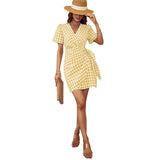 Plaid V-Neck Beletd-Bow