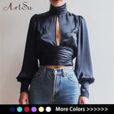 Women Sexy Lace Up Bow Satin Blouse Turtleneck Shirt Backless Blouses Blusas Women Puff Sleeve Crop Top Spring