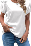 Summer Tops Woman Short Sleeve Silk Blouse Loose Casual O-Neck Solid Shirts Fashion Satin Clothing Elegant