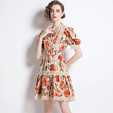 Lace Trims Vintage Print Slim Mini Dress Women O-Neck Short Puff Sleeve Chic Flower High Waist Streetwear Dress