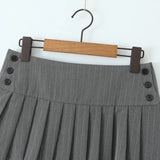 Grey Striped Print Side 3 Buttons Pleated Mini Skirt Sexy Low Waist Short Skater Skirts-Outfit