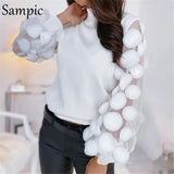 Mesh Patchwork Black White Vintage Puff Long Sleeve Blouse Shirts Women Casual Turtleneck Elegant Blouse Tops