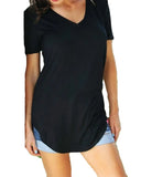 Summer Autumn Large Sizes Women T-shirt Solid V Neck long Short Sleeve Rounded Hem Long tshirt Casual Top female
