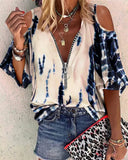 Loose Zipper Print Shirt Blouse Women Spring Summer Fashion V-neck Lantern Sleeve Shirts For Women Sexy Off Shoulder Top-Outfit