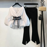 2022 Spring 2 Pcs Suits Women's Striped Bow Lantern Sleeve Blouse Black Split Flare Sleeve two piece set top and
