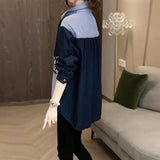 Loose Polo-Neck Shirt Women's Clothing Printed Striped Casual Single-breasted Spring Autumn Korean Patchwork Blouse-Outfit
