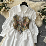 Autumn Light French Court Bubble Sleeves Single Breasted Shirt Dress + Sling Printed Vest Two-Piece Set-Outfit