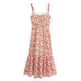 Retro French style Summer Cherry Print Midi Sling Dress Sexy Women Spliced Lace V neck Ruffles Hem Package Hips Long Robe-Outfit