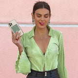 Sweetown Green Single Breasted V Neck Casual Tops & Blouses Women Button Up Flare Long Sleeve Elegant Autumn Cardigan