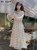 Floral Sweet Dress Women Summer Print Elegant Party Midi Dresses Chiffon Lace Split Casual Holiday Korean Dress 2022