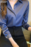Spring Office Lady Silk Blouse New Satin Shirts Women Chiffon Blouses Turn Down Collar Long Sleeve Tops Casual Loose