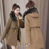 2024 Winter Down Cotton Jacket Women's Long Coat Ins Cotton-Padded Jacket Big Wool Collar Collect Waist Tooling Plus Velvet Pie To Overcome-Outfit