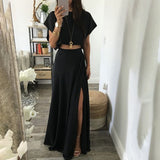 Set With Maxi Skirt Black Split Ladies Suit Crop Tshirt Short Sleeve And High Waist Skirts Summer Loose Casual Fashion