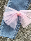 Women's Jeans High Waist Slim Pink Mesh Bowknot Pearls Stretch Female Denim Ankle-Length Pants 2024 Summer New Fashion-Outfit