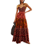 Women's Vintage Floral Print Silky Bow Knot Tie-Up Shoulder Straps Sleeveless Summer Big Swing Long Cami A-line Dress-Outfit