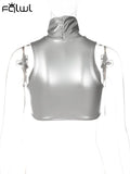 Summer Sexy silver Crop Top Club Outfit For Women 2023 Turtleneck Button Sleeveless Corset Tank Tops Party Casual