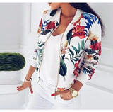 Winter Print Bomber Jacket Women Flowers Zipper Up Retro Coat Long Sleeve Basic Plus Size Short Biker Jackets