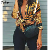 Spring Women Elegant Party Loose Button Shirt Turn-down Collar Female Leopard Print Knot Front Long Sleeve