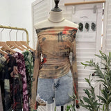 Graffiti-Printed Shoulder-Threin Mesh Long-Sleeved Blouse Side Drawstring Tethered With Slime T-Shirt