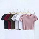 Wood ears O neck Short sleeve T-shirt 2023 New Woman Slim Fit t shirt tight tee Summer Retro Tops 6 colors-Outfit
