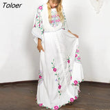 Embroidered Women Maxi Dress V-Neck Batwing Sleeve Loose Oversize Summer Dresses Drawstring Waist Boho Beach