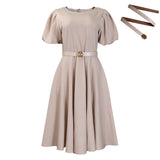 Women's 2025 Summer Fashion Bubble Sleeve Elegant High- Waist Solid Colored Round Dress African