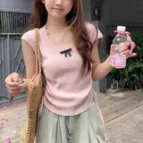 Round-Neck Short-Sleeved Sweater Women's Summer Korean Sweater Sweet Gentle Sweater Pull Rope Wrinkle Slim Bm Blouse-Outfit