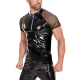 Toloer Men's PVC Bright Leather Jacket, Sexy Slim Short Sleeve Leather Jacket Size Accurate No Smell-Outfit