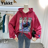 Women Oversized Sweatshirts Cartoon Print Top Streetwear Female Harajuku Drawstring Hooded Loose Long Pullover